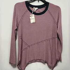 Hem and Thread Mauve Stripe Long Sleeve Tee with Navy Trim